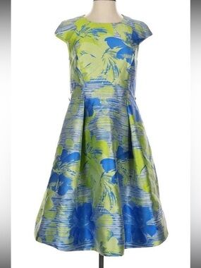 Lourdes Chavez Satin Midi Dress in Blue and Lime Size 6